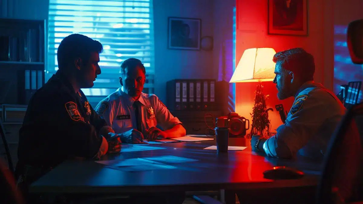 Police officers discussing a case file in a brightly lit investigation room.