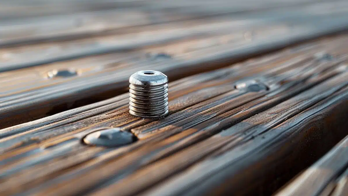 Shiny stainless steel screws on wooden deck boards.