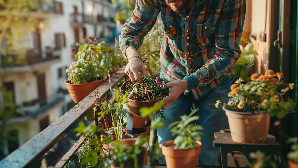 Happy gardener repotting plants with rich, mature compost on a balcony garden.