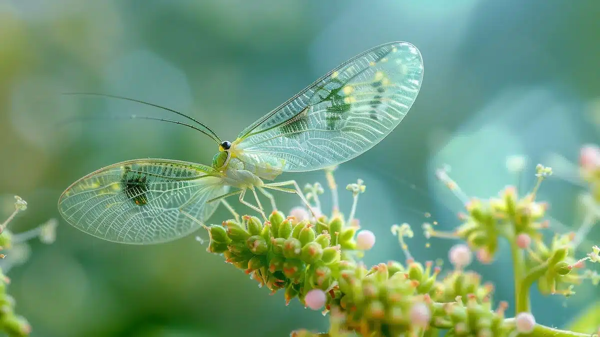 Green lacewing hovering over a garden plant.