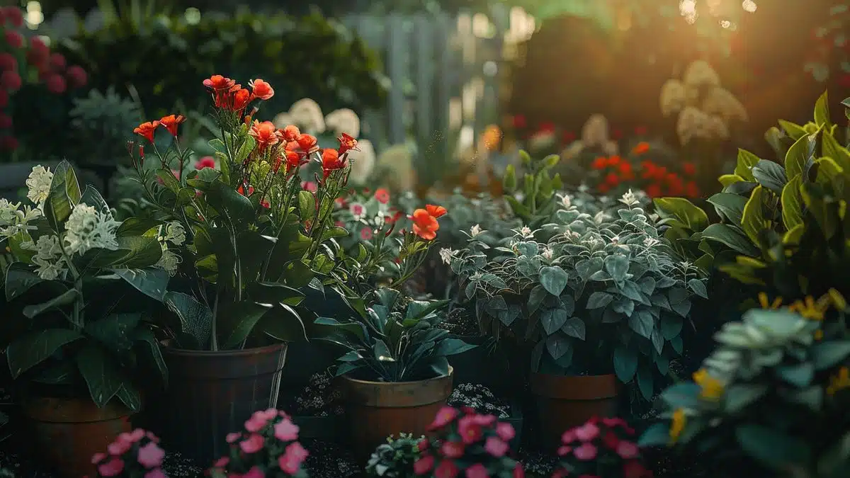 Garden beds with different types of flowers and plants.