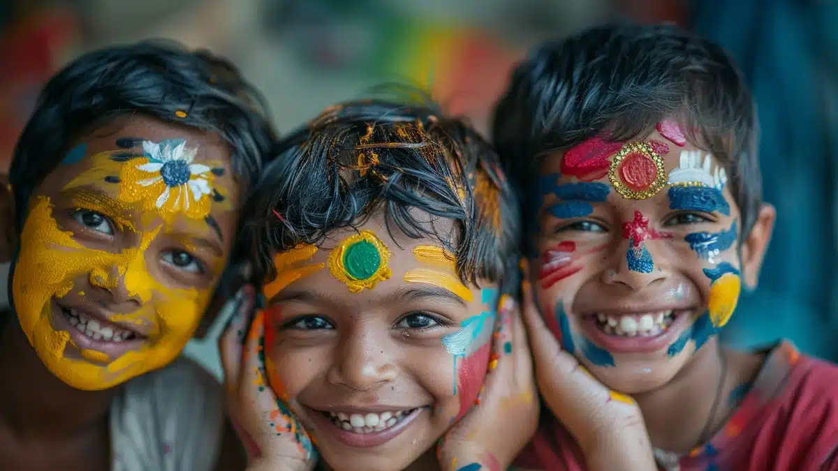 Children painting national symbols on their faces.