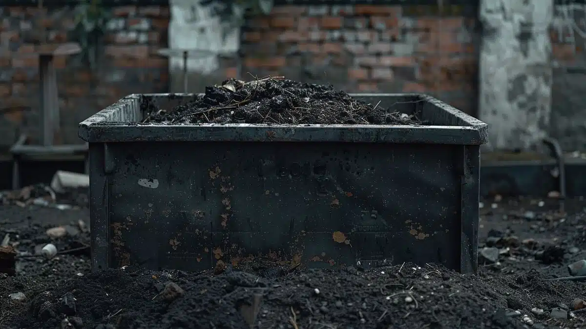 Compost bin with rich, dark soil in an urban setting