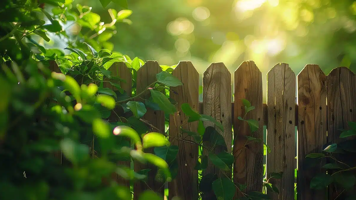 Wooden fence with lush green garden background, sunlight filtering through leaves.