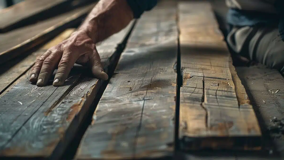 Hands examining composite planks, highlighting their smooth finish and consistency.