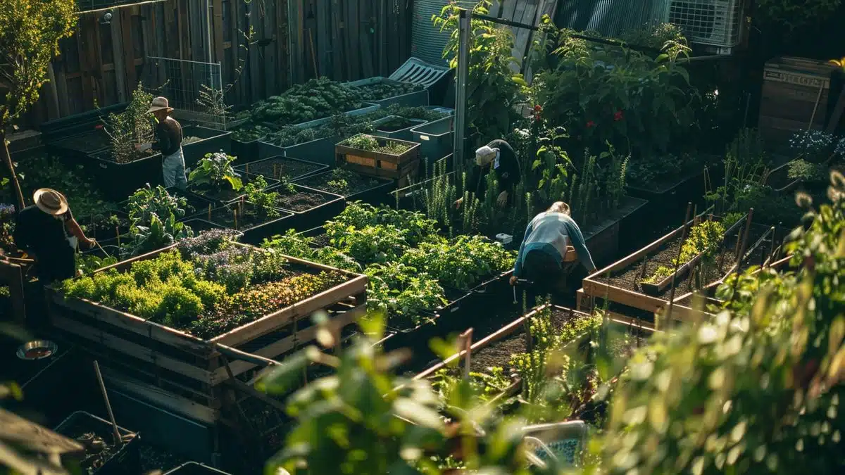 Urban garden with diverse plants and people working harmoniously.