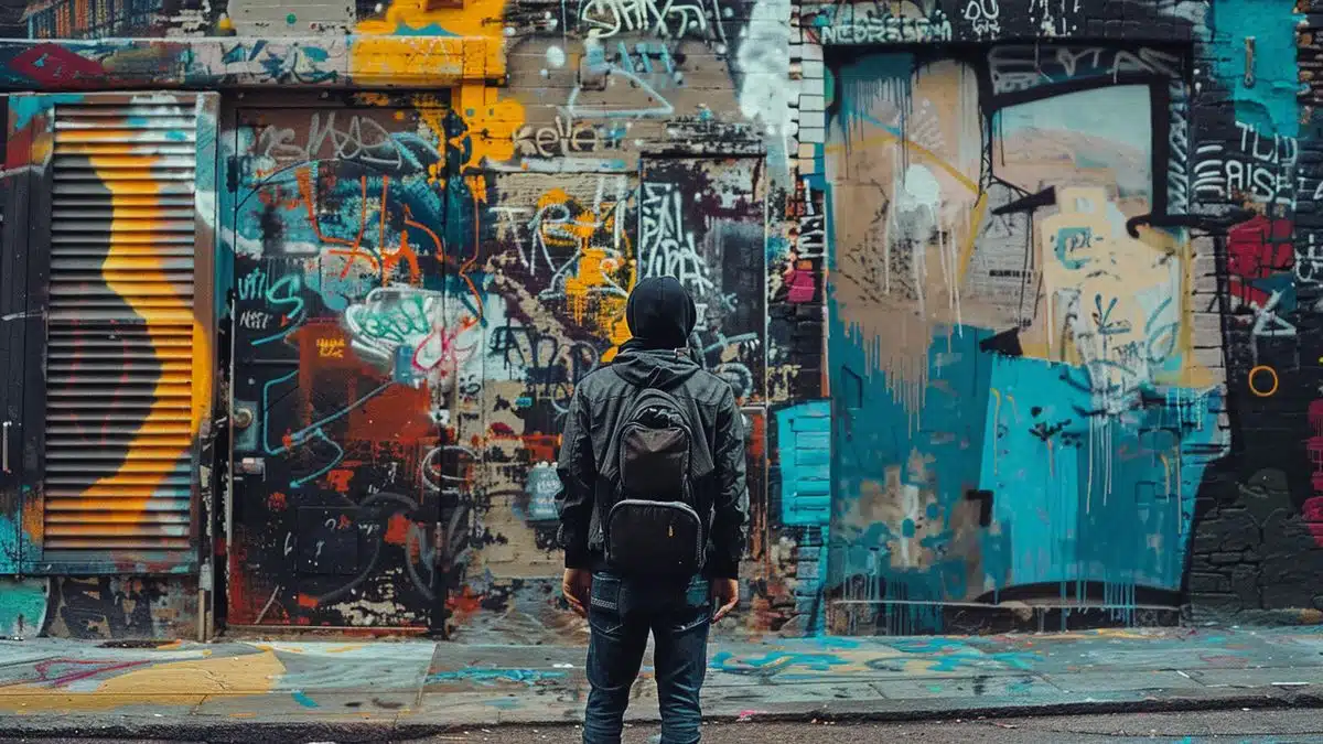 Man exploring vibrant street art in a lesserknown urban neighborhood.