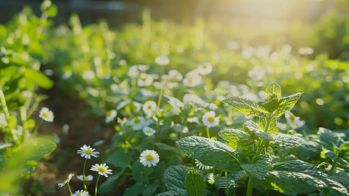 Sunlit garden with rows of healthy mint and chamomile plants.