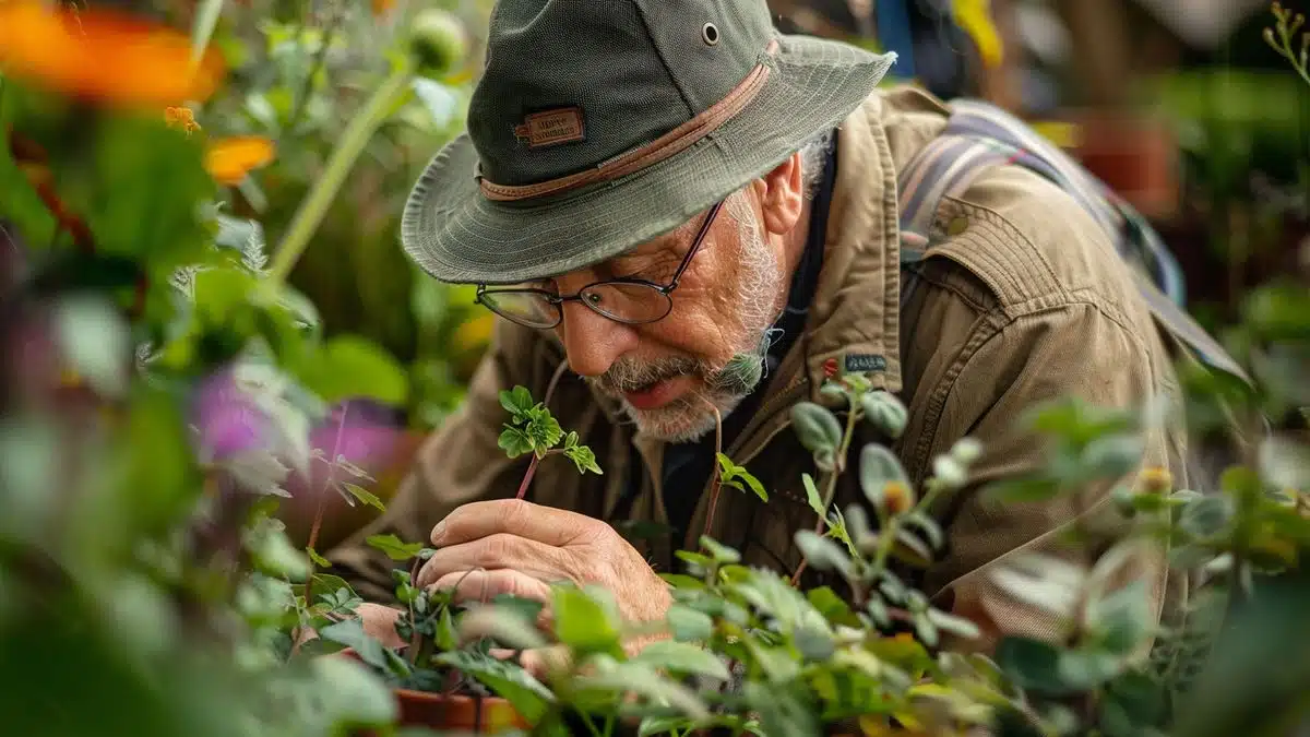 Michel examining diverse plants in his vibrant garden.