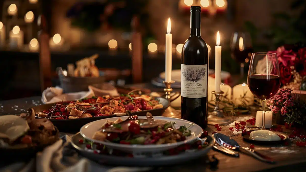 Romantic dinner setup with candles, Italian wine, and delicious food.