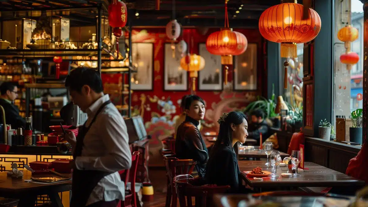 Cozy Chinese restaurant with traditional decor and smiling staff in Lyon.