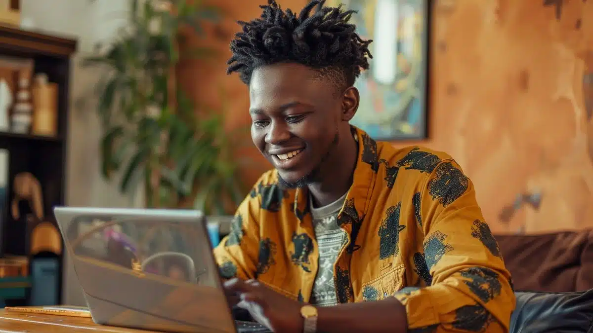 Michel smiling while browsing Ubuntu forums on his laptop.