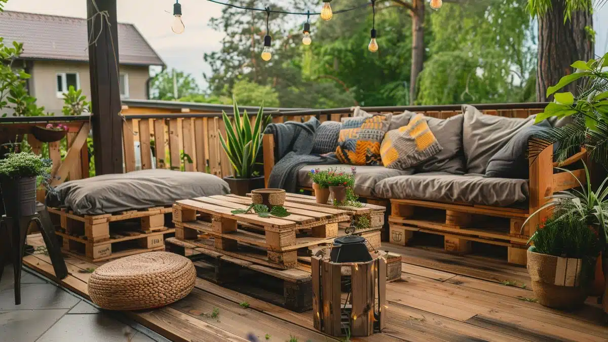 DIY wooden pallet furniture on a stylish and ecofriendly wooden terrace.