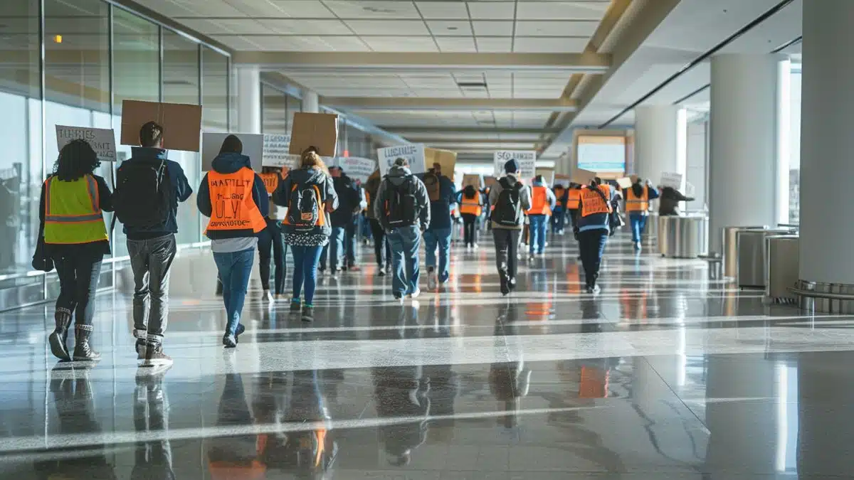 Group of employees holding signs demanding higher wages in an airport.