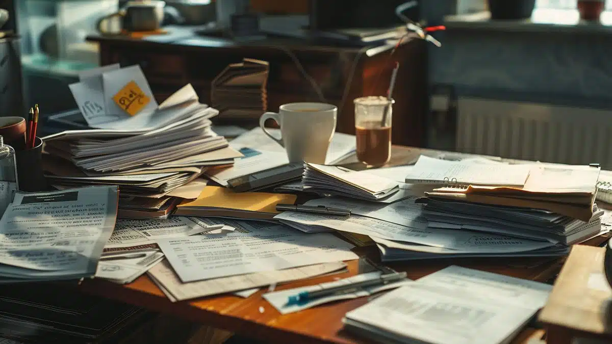 Office desk cluttered with documents, coffee, and cybersecurity reports.