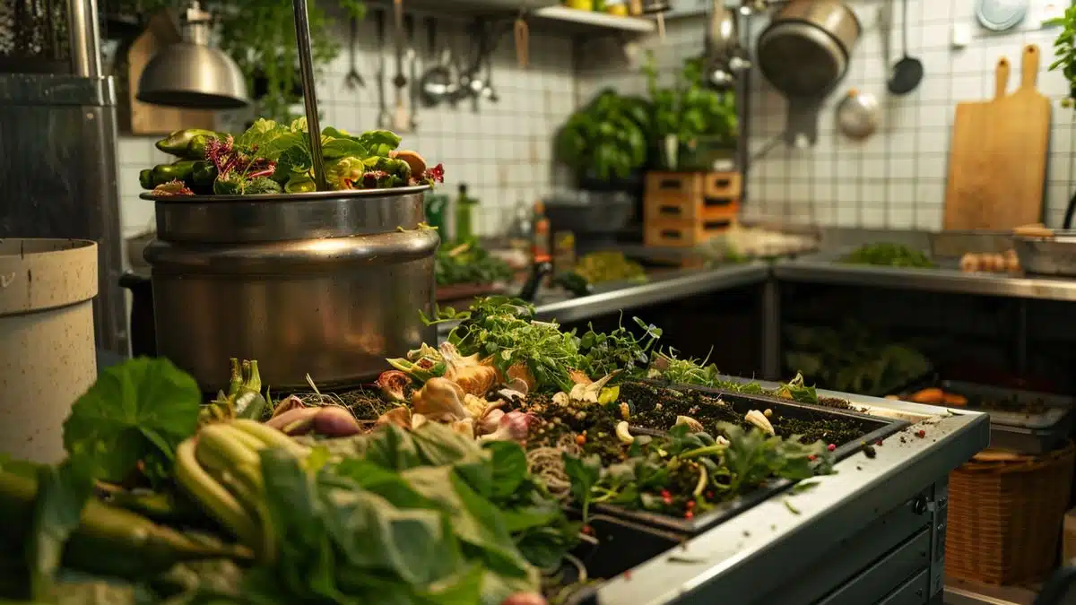 Urban kitchen corner with a tidy compost system and vegetable scraps.