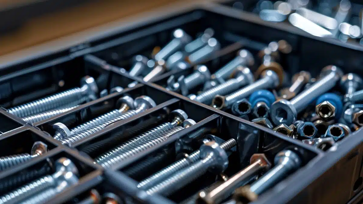 Stainless steel deck screws neatly arranged in a toolbox.