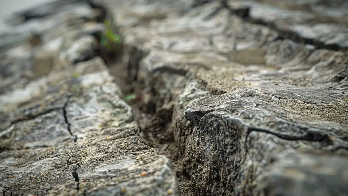 Closeup of uneven ground causing terrace instability.