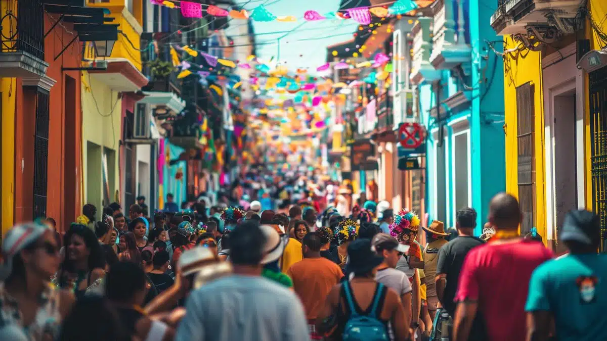 Crowded streets filled with vibrant colors during a cultural festival.