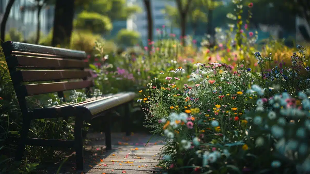 Wildflowers growing freely around a bustling urban park bench.