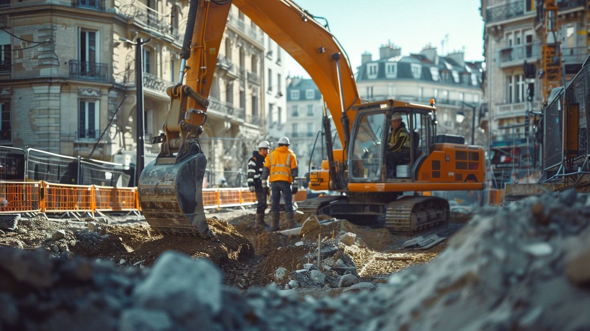 Construction workers building new infrastructure projects in urban France.