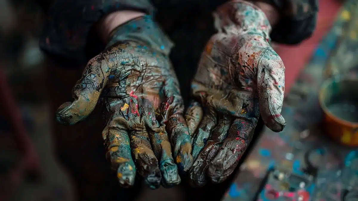 Closeup of an artist's hands, one with wornout gloves, another with brandnew gloves.