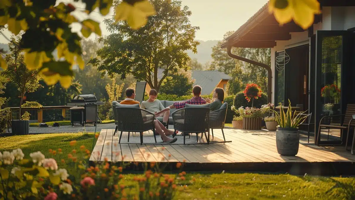 Family enjoying a sunny day on a composite deck with garden furniture.