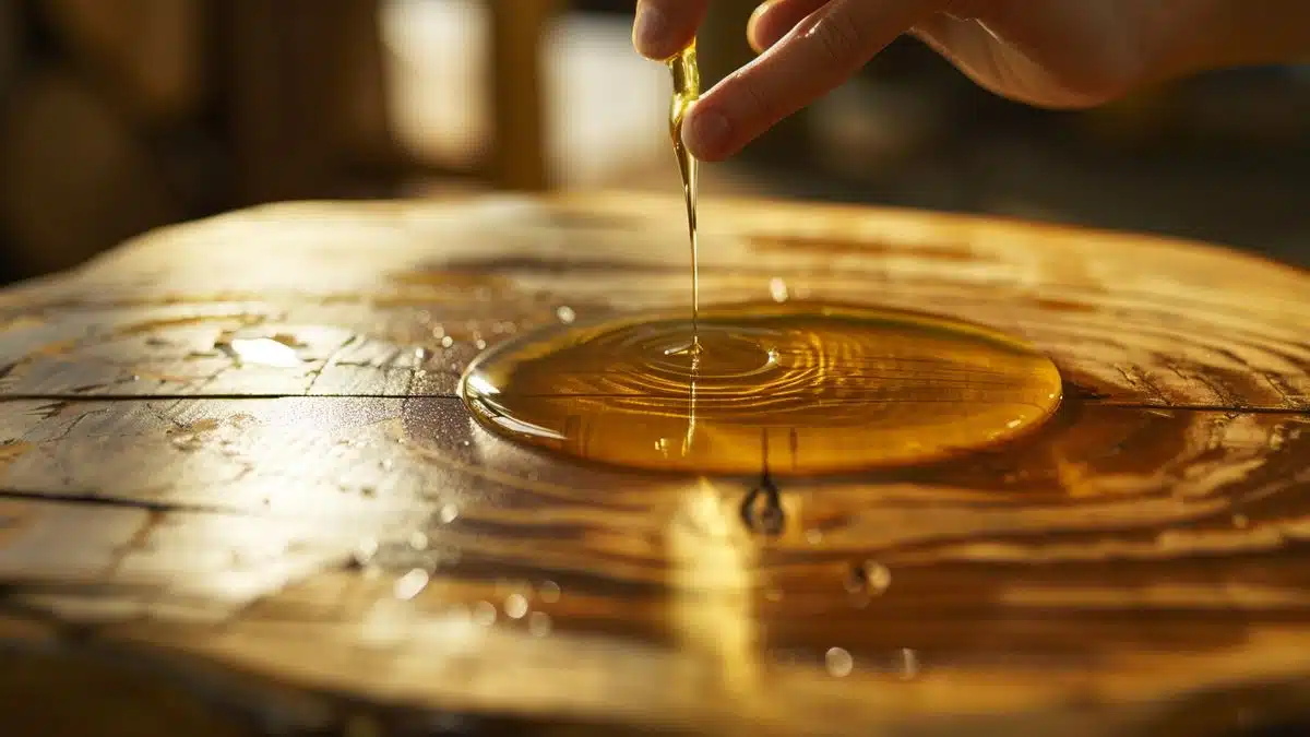 Hand applying protective oil to a wooden surface.