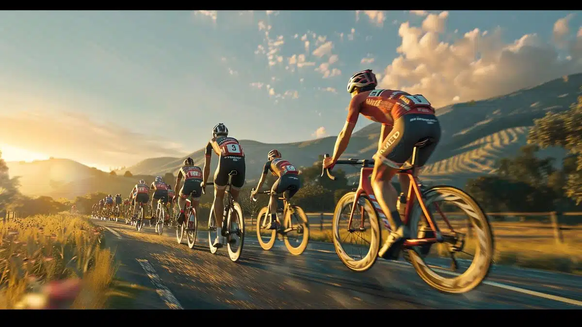 Cyclists racing through a scenic countryside, pedaling furiously.