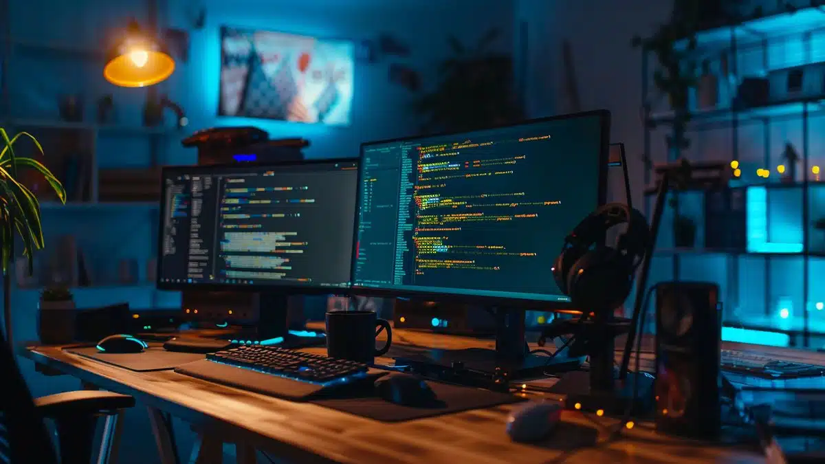 Developers coding on Linux workstations, Azure logo in the background.