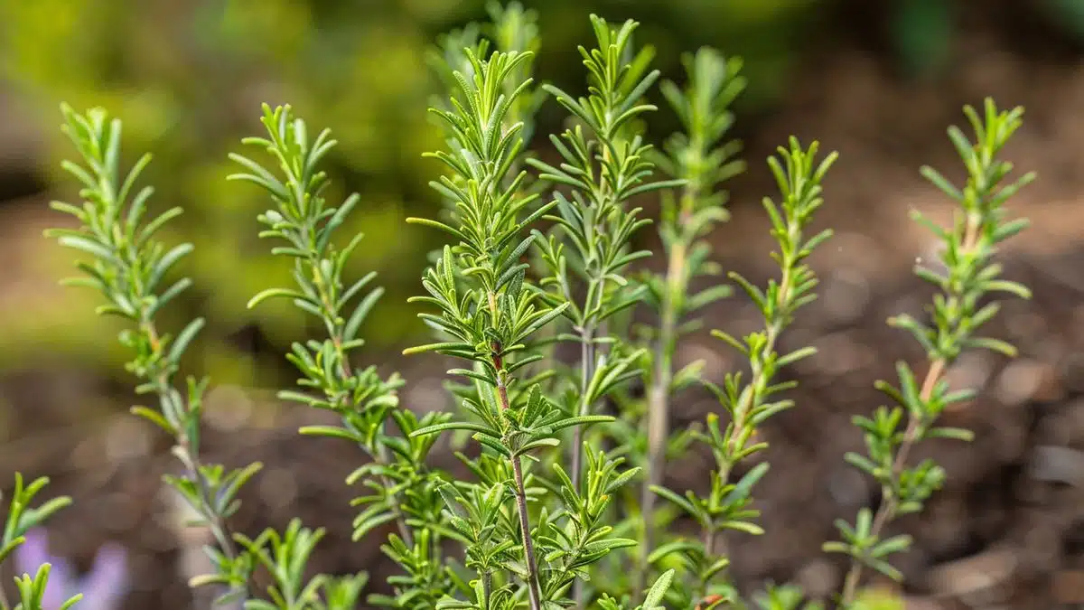 Rosemary bush growing in a backyard garden.