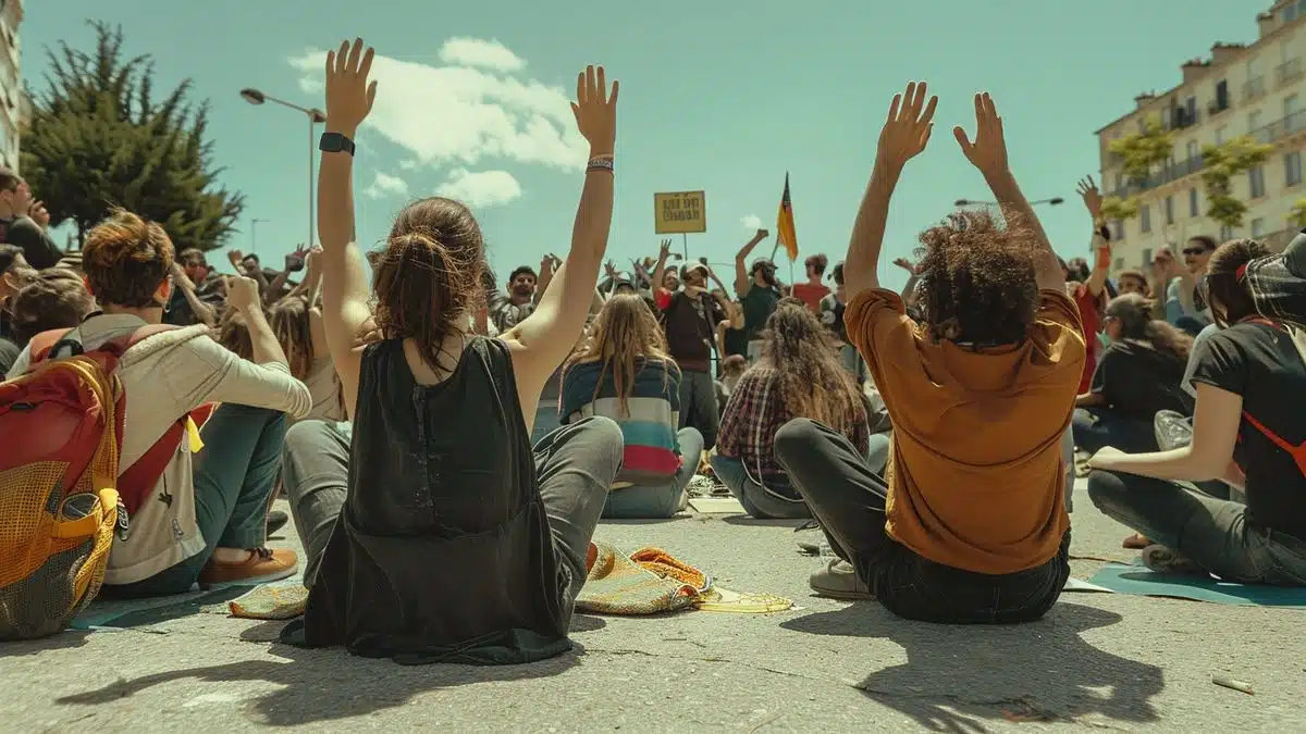 Protestors sitting on the ground, hands raised, in La Rochelle.