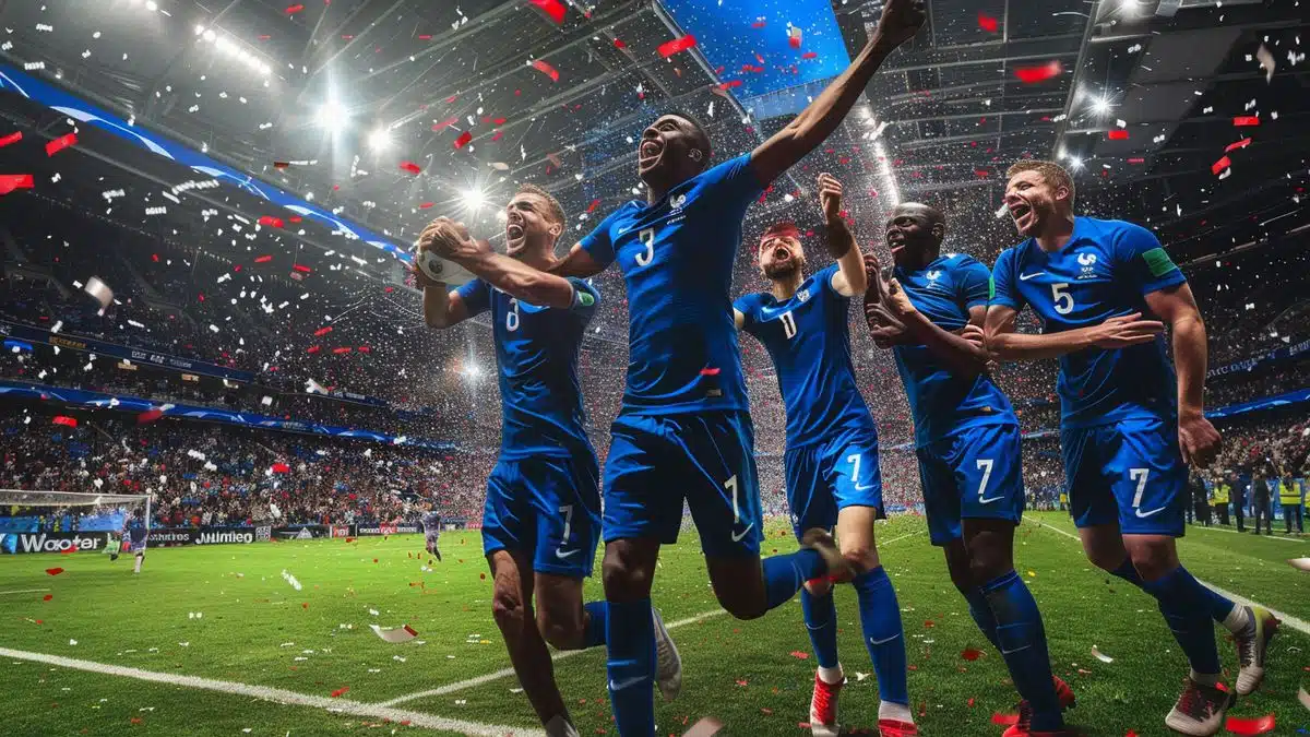 France team celebrating a victory on the field, confetti flying.