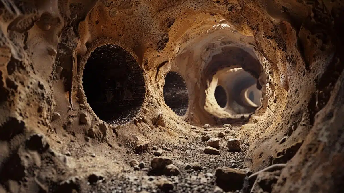 Crosssection view of mole tunnels displaying varied widths for different purposes.