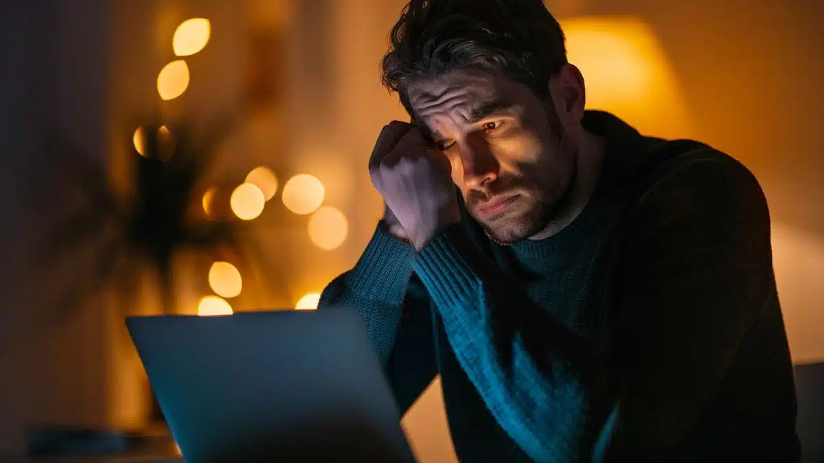 Person anxiously reading an email offering urgent cybersecurity solutions.