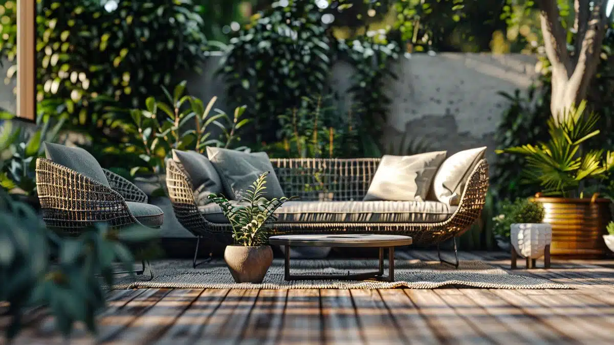 Modern garden furniture set on a stylish wooden terrace.