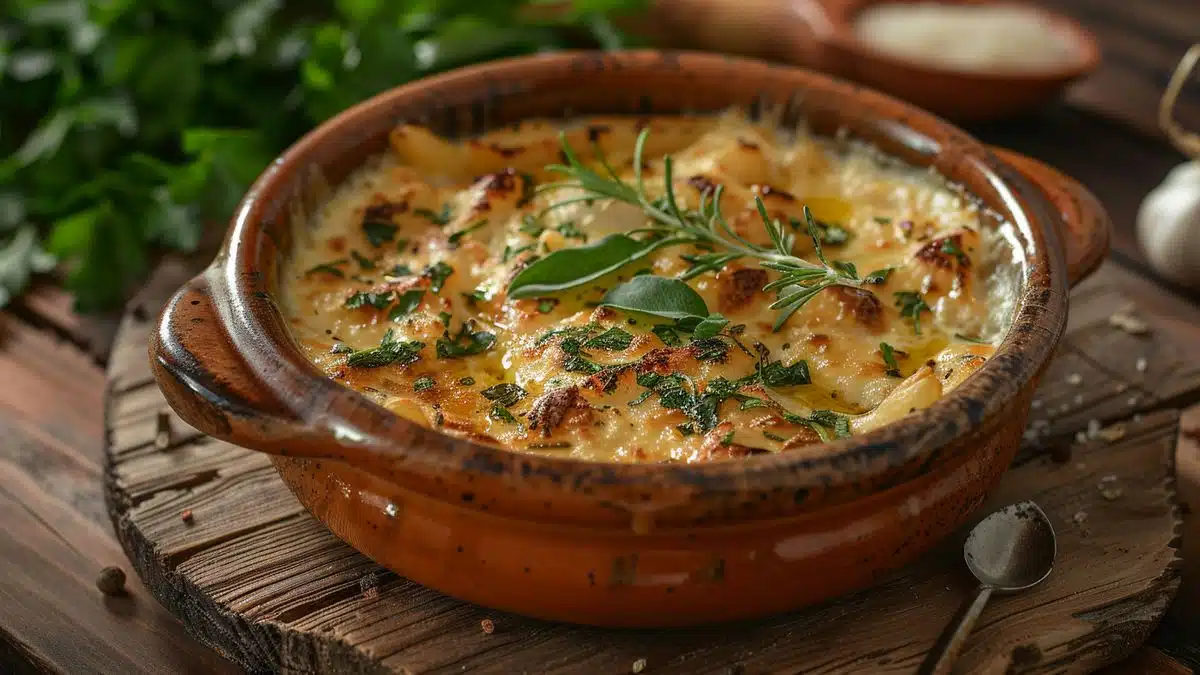 Traditional brandade de morue in a clay dish, garnished with herbs.