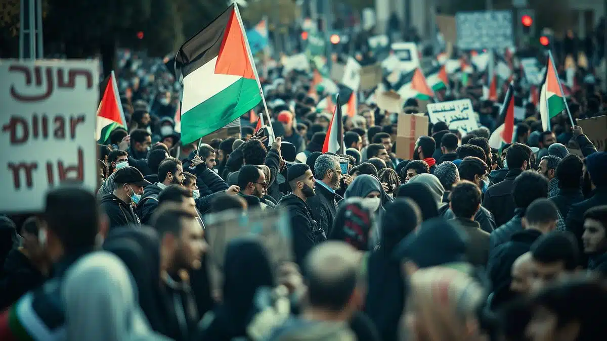 Large crowd gathered with signs advocating for Palestine during Olympic games.