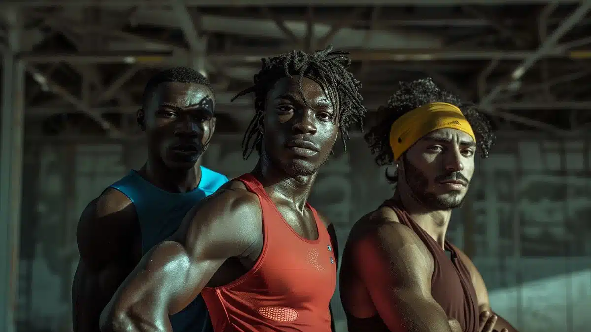 Jessy Trémoulière posing with fellow athletes Ladji Doucouré and Nasser alKhelaïfi.