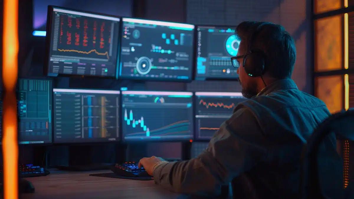 Engineer analyzing data on a screen with VMware ESXi interface.