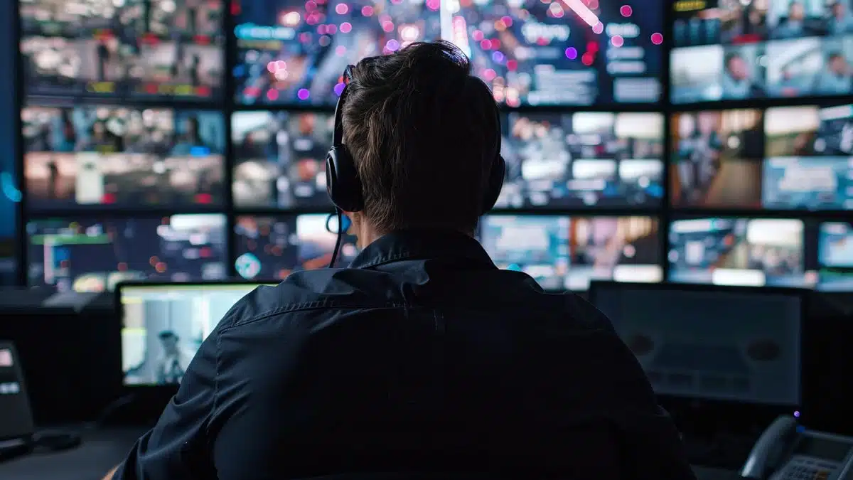 Closeup of a security analyst monitoring realtime alerts on multiple computer screens.