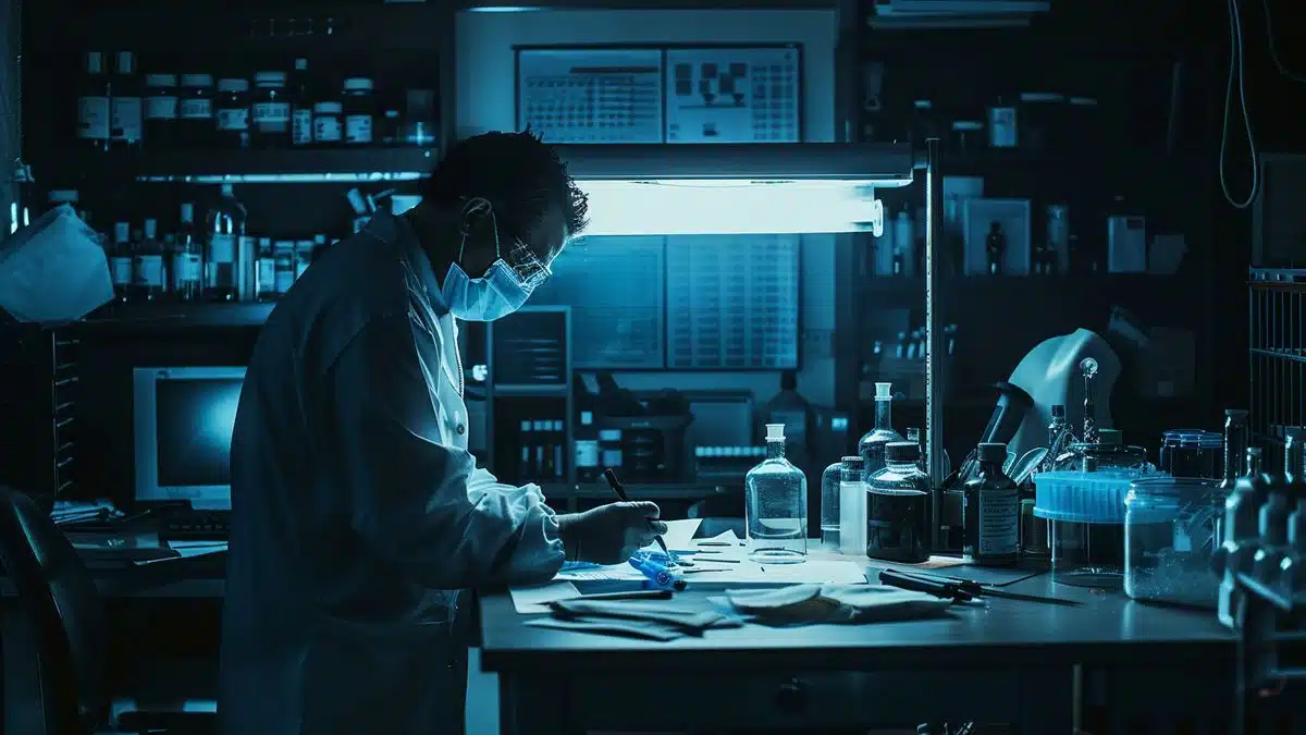 Investigators analyzing evidence in a dimly lit crime lab setting.