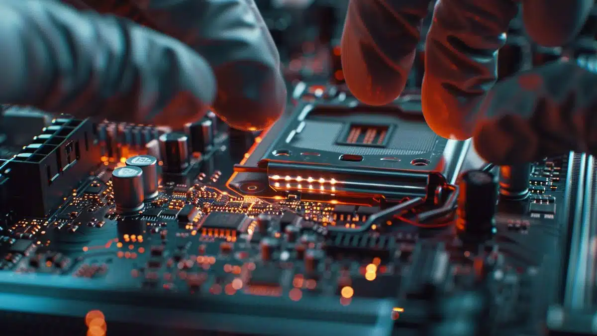 Closeup of CPU being carefully inserted into motherboard.