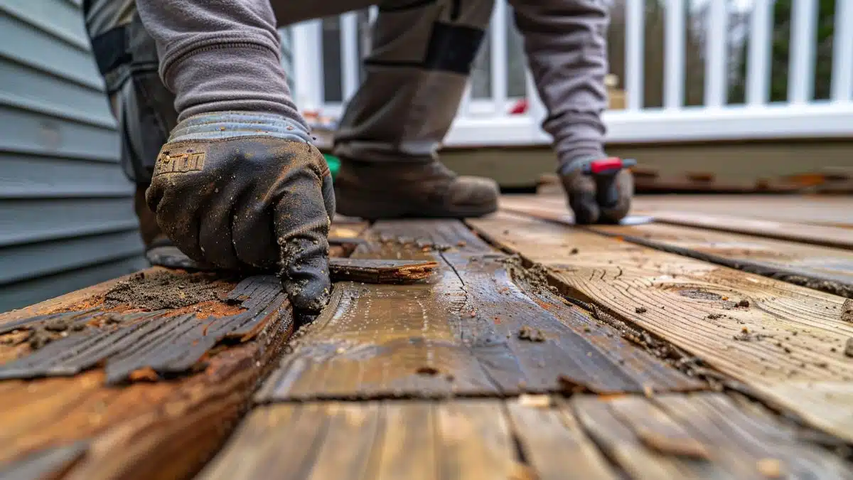 Homeowner checking deck joints and corners for early signs of damage.