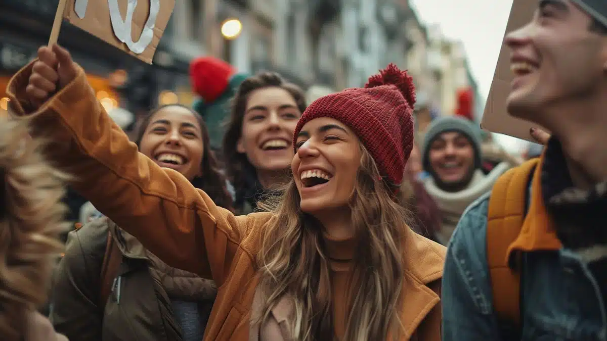 Group of friends laughing together, holding signs, embracing the festive atmosphere.