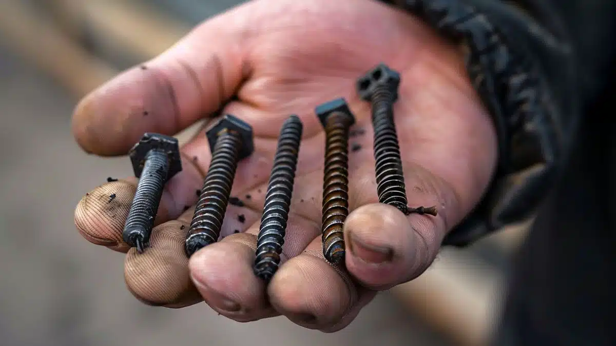 Hand holding different lengths and diameters of decking screws.