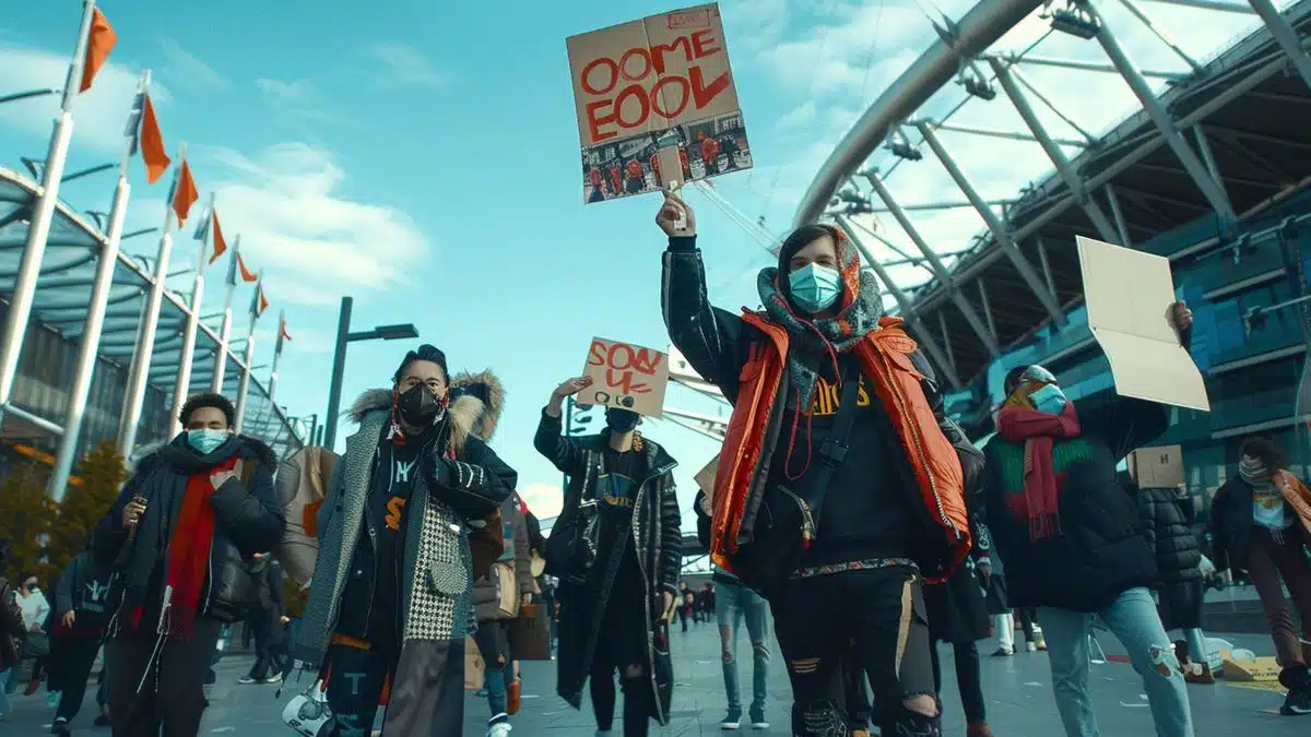 Group of artists holding protest signs outside Olympic stadium.