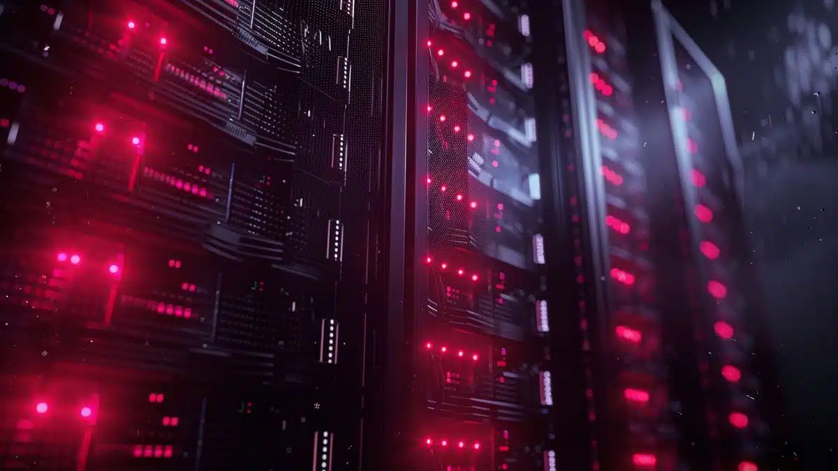 Server racks with blinking lights, indicating active data backup operations.