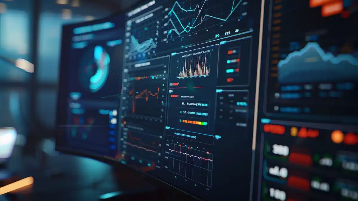 Closeup of computer screen displaying realtime security alerts and network activity graphs.