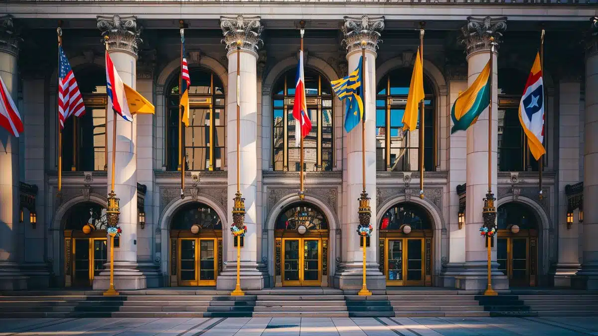 City Hall exterior with flags representing democracy and change.